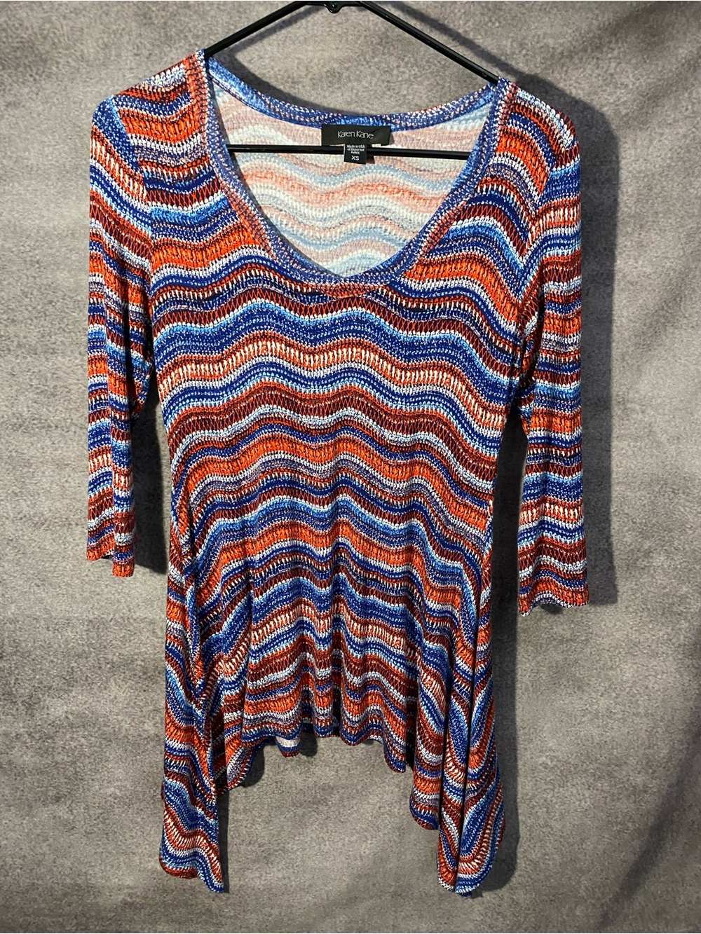 Karen Kane Womens XS Top Knit Wave Print High Low Asymmetrical 3/4 Sleeve Blue⁠